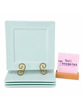 Home Essentials BEADED SQUARE COLLECTION Aqua Beaded Rim Dinner Plates Set of 4